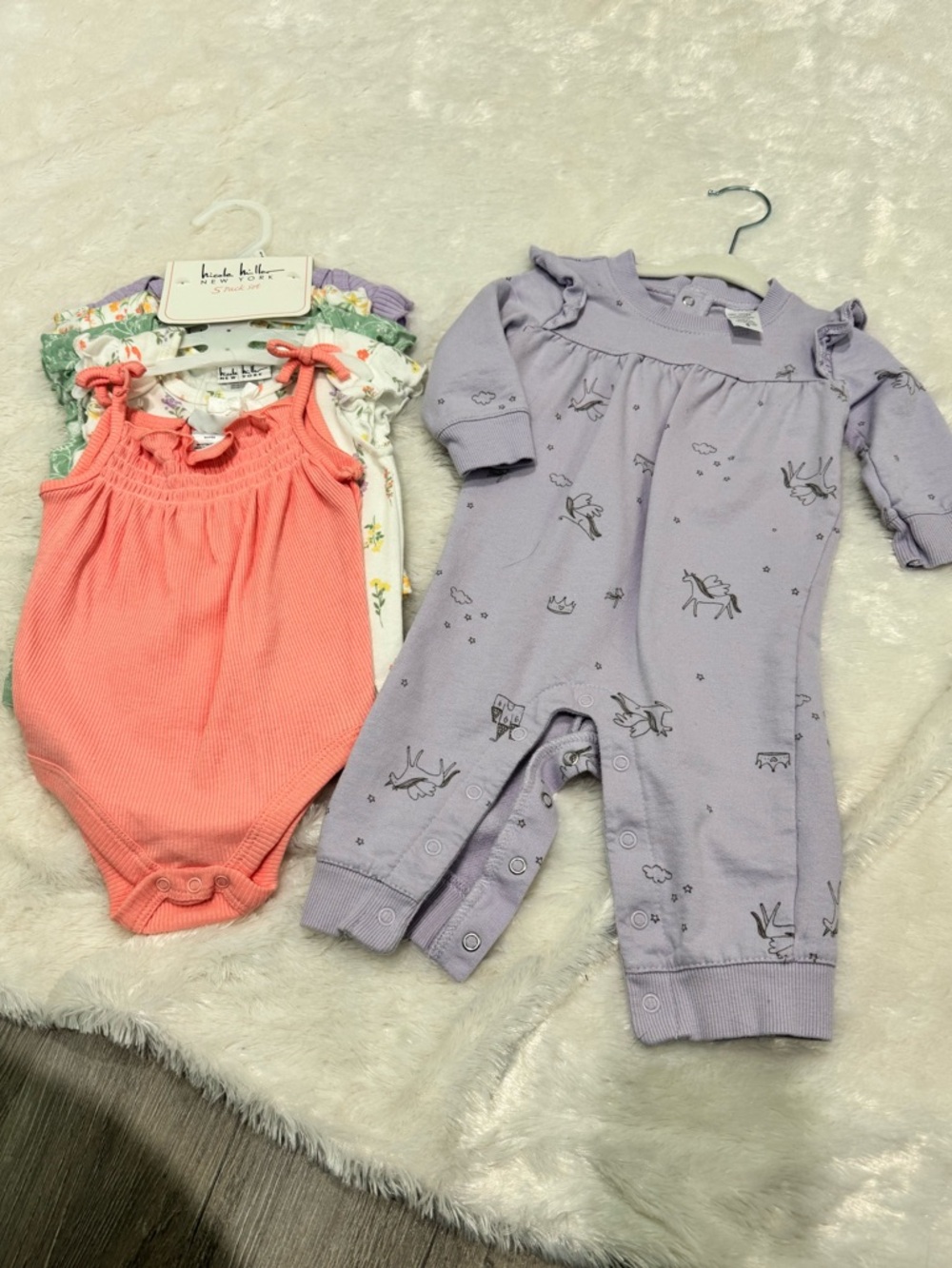 Nicole Miller NWT Carter’s Lilac Unicorn Romper & Coral Ribbed Onesie Baby Set